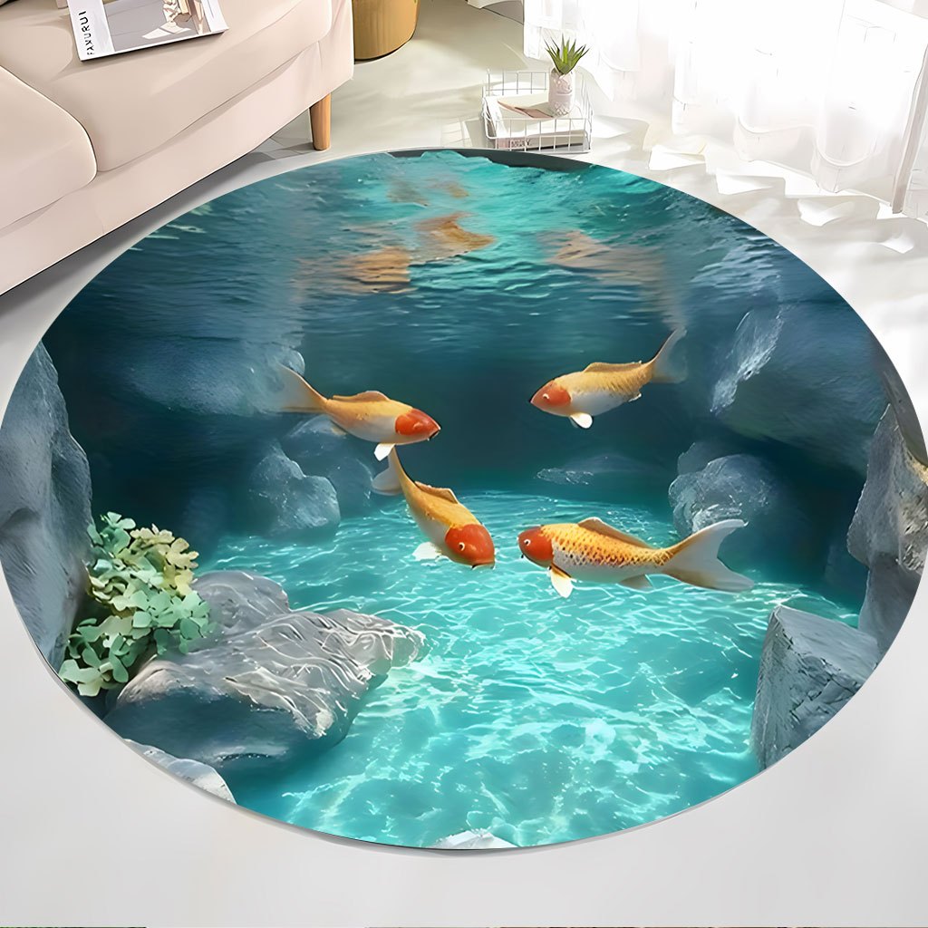 Koi Fish Pond Round Rug Fleece - огляд і ціна Aquarium Fish Japanese